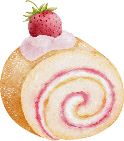 Watercolor strawberry swiss roll cake.